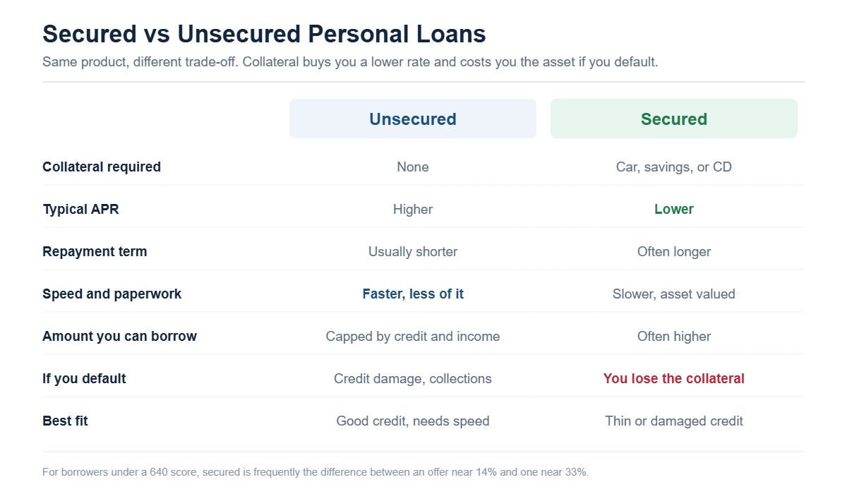 Comparison table of secured versus unsecured personal loans across collateral, APR, repayment term, speed, borrowing amount, default consequences and best fit