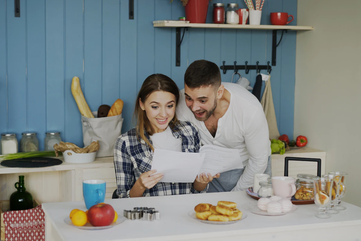 Couple in a bright kitchen reading over car loan paperwork together