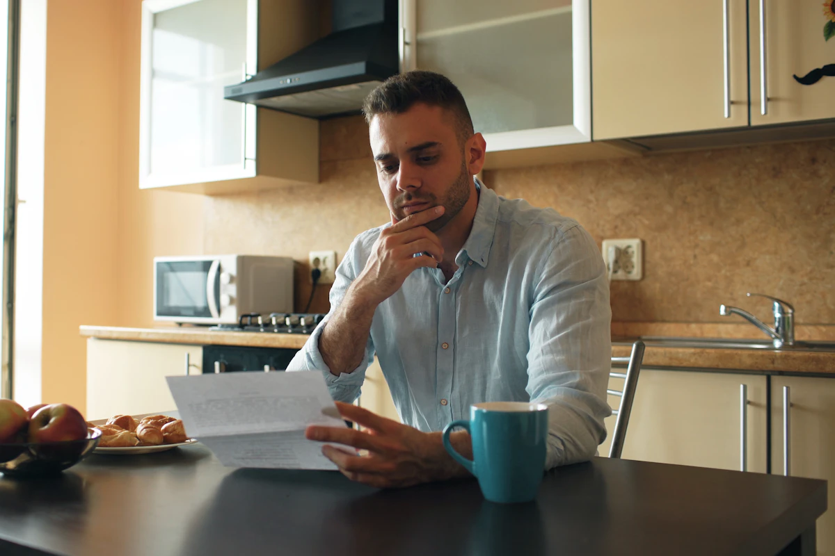 Man at a kitchen table reading a letter, thinking through how to cover an expense before payday
