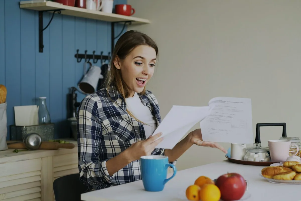 Woman at a kitchen table reading through papers next to her laptop