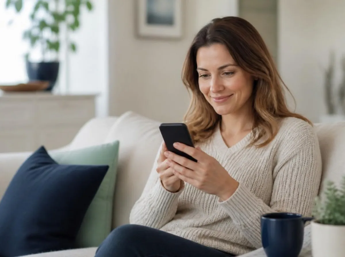 Woman on her sofa checking loan offers on her phone