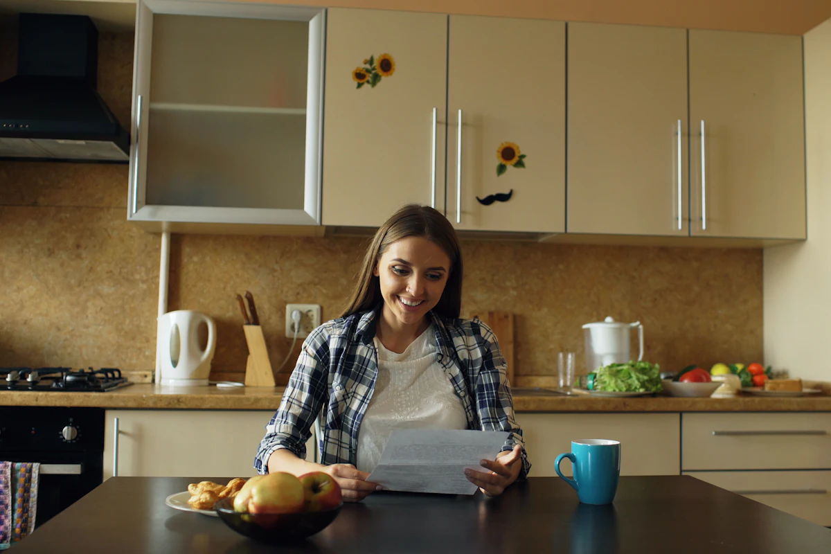 Woman at a kitchen table calmly reading a document over coffee, relieved after working out a repayment plan