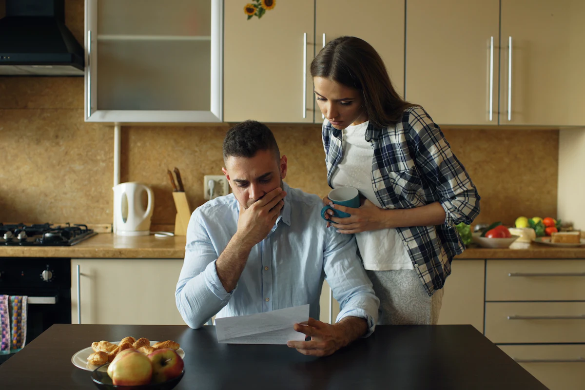 Couple at a kitchen table looking worried over a bill, weighing no doc loans to cover a payment before it's due