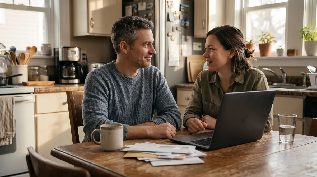 Couple talking calmly at a kitchen table after reviewing their personal loan options