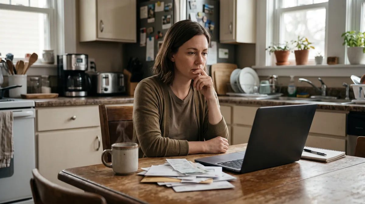 Woman at a kitchen table reviewing bills and a laptop while comparing personal loans