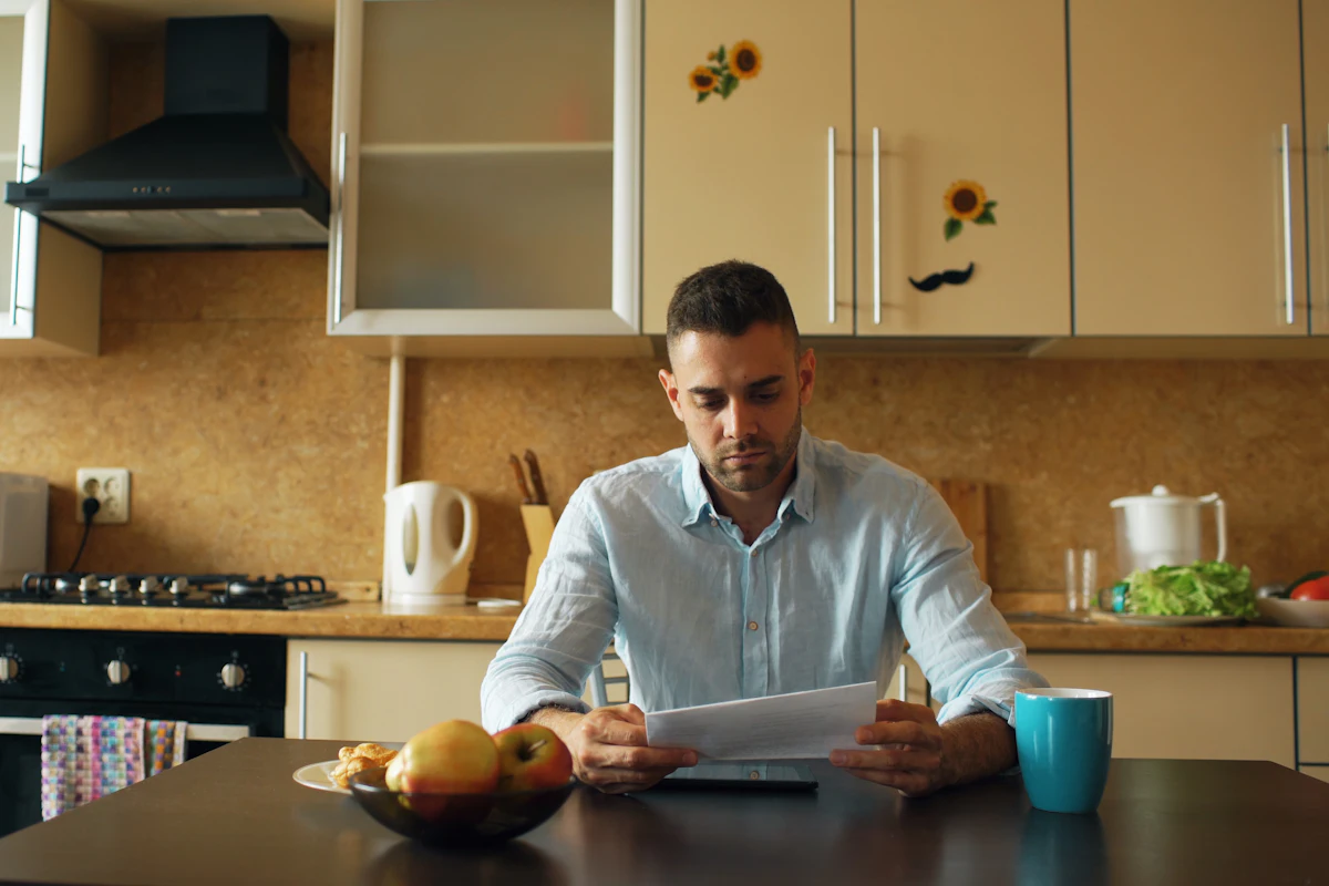 Man at a kitchen table early in the morning reading a bill over coffee, working out how to pay it off
